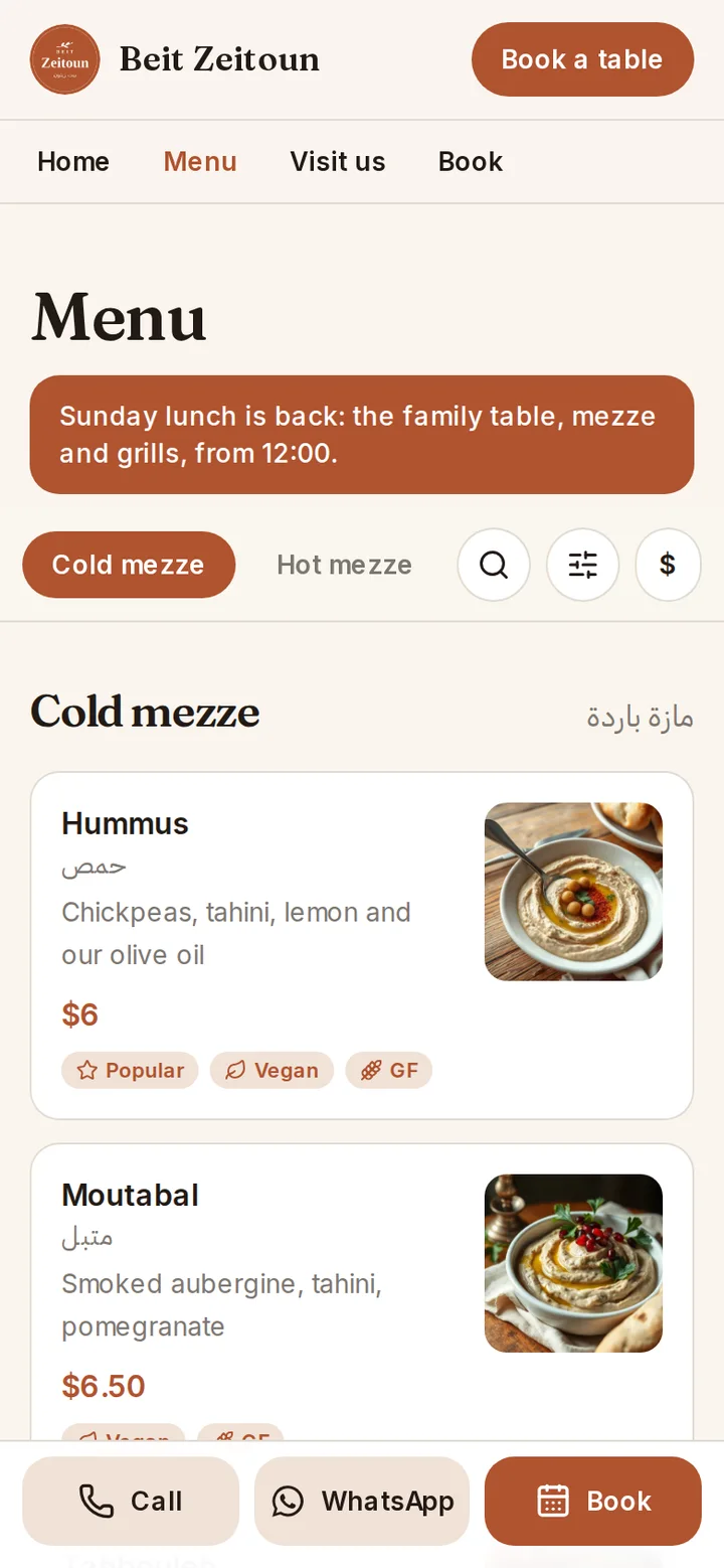A restaurant menu on Mataaem, on a phone